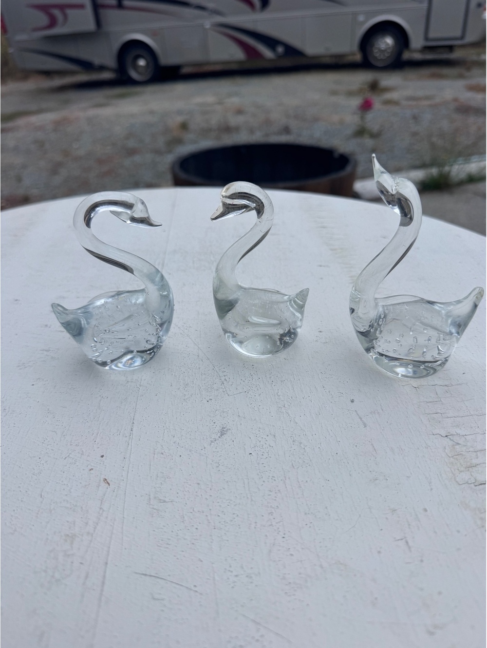 Set of 3 Vintage Clear Glass Swan Figurines Bubble Art Glass Made in Taiwan